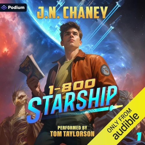 1-800-STARSHIP audio cover, Mark Allen in a brown jacket holding a comic, standing heroically in front of a glowing starship and cosmic backdrop, flanked by two alien companions