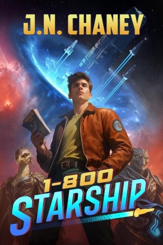 1-800-STARSHIP book cover, Mark Allen in a brown jacket holding a comic, standing heroically in front of a glowing starship and cosmic backdrop, flanked by two alien companions