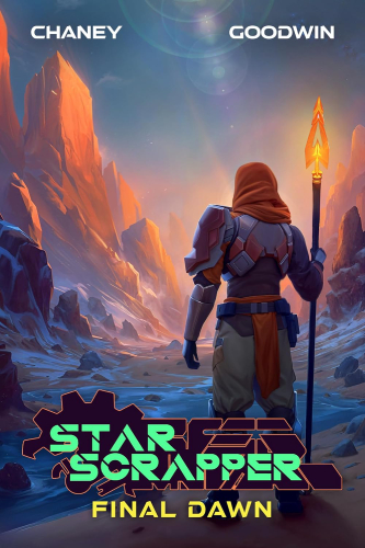 Star Scrapper 15 book cover, a lone armored explorer stands in a glowing canyon beneath a vast alien sky, staff in hand, gazing toward the rising light