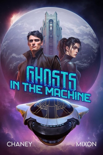 The Forgotten Ship 4 book cover, two determined heroes standing before a futuristic tower and spaceship, set against the backdrop of a glowing planet