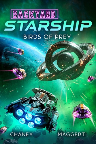 Backyard Starship 30 book cover, a massive starship charges through a neon-green cosmic battlefield as alien ships and a colossal ringed structure loom in the background