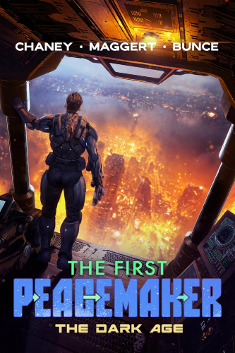 The First Peacemaker 5 book cover, a lone armored figure stands aboard a spacecraft, gazing down at a burning city below in a scene of epic sci-fi destruction