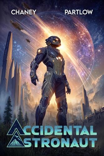 Accidental Astronaut 1 book cover, a lone armored astronaut stands heroic against a blazing cosmic backdrop, towering alien spires, and streaking starships