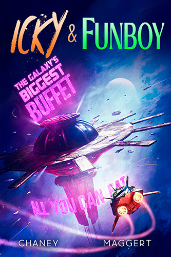 Icky and Funboy 1 book cover, a neon-soaked sci-fi adventure cover featuring a chaotic space station dubbed “The Galaxy’s Biggest Buffet” as a small starship races toward it